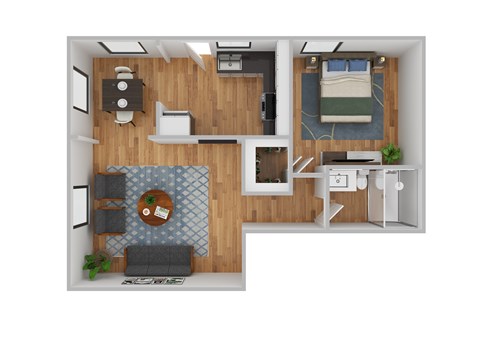 A top-down view of a small apartment with a living room, kitchen, and bedroom.
